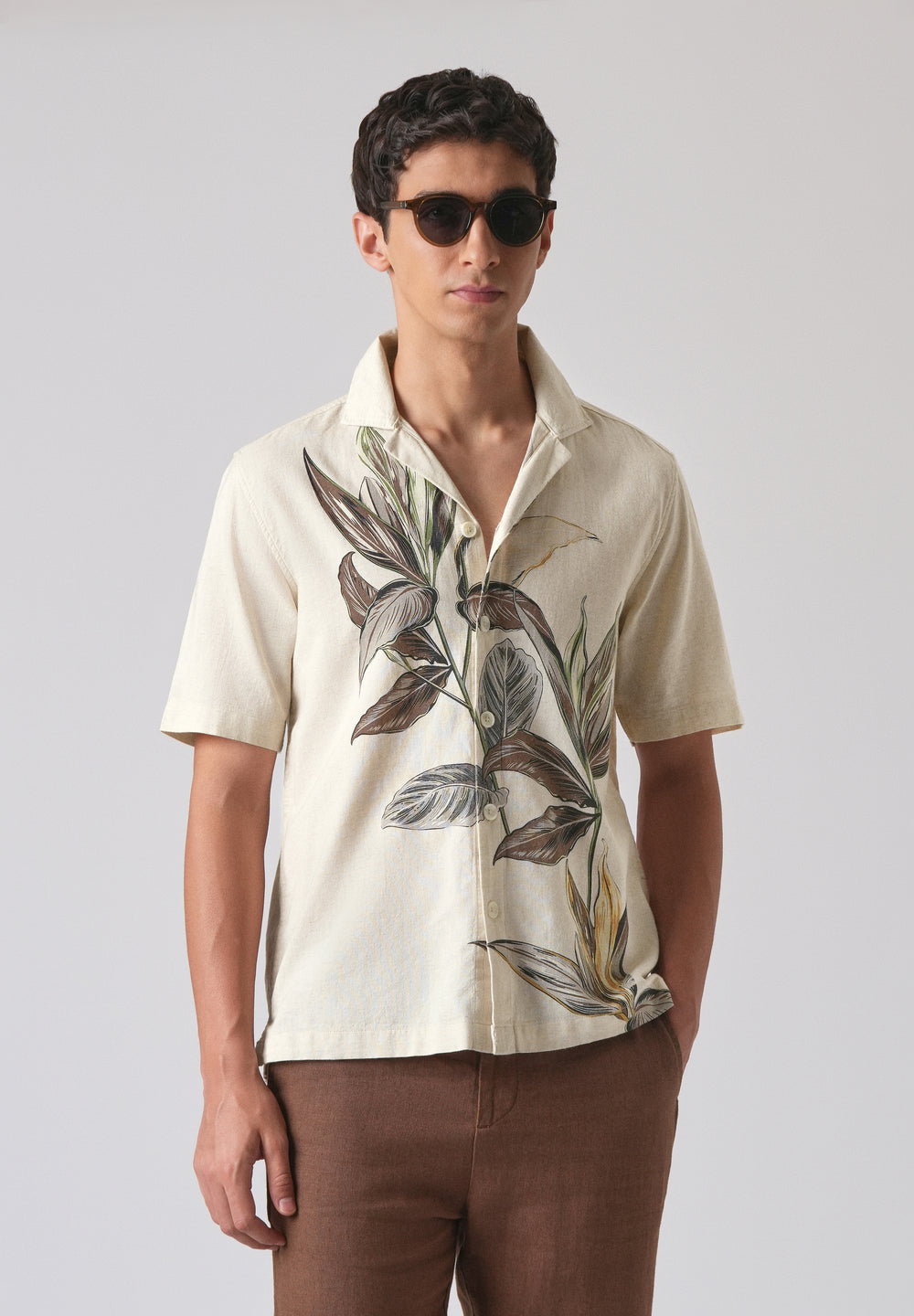 Beige Cotton/Linen Floral Print Shirt