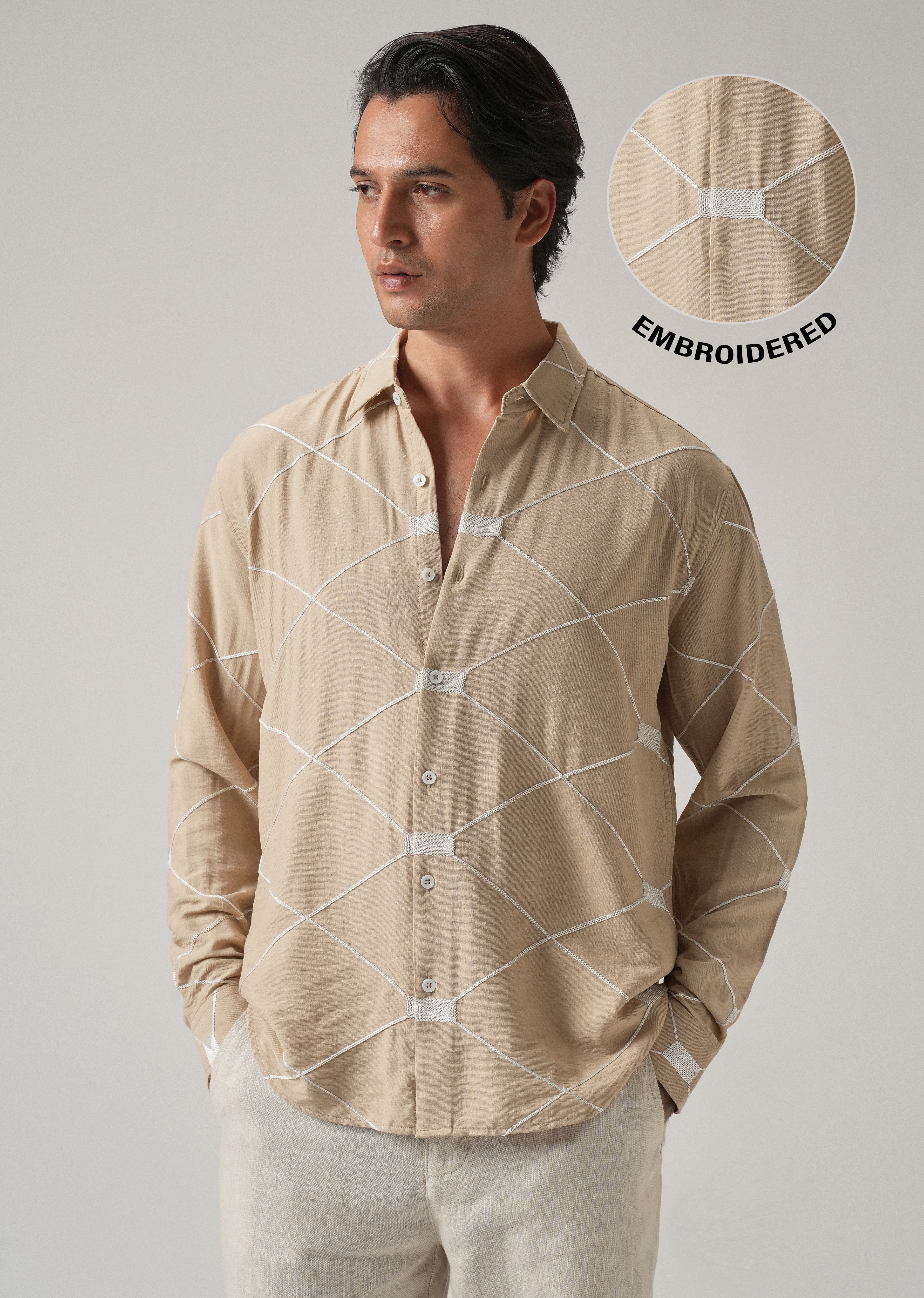 Beige Crisscross Embroidery Shirt