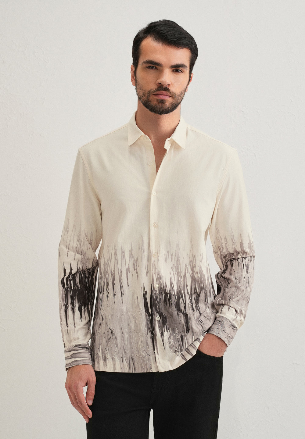Beige Grey Ripple Printed Shirt