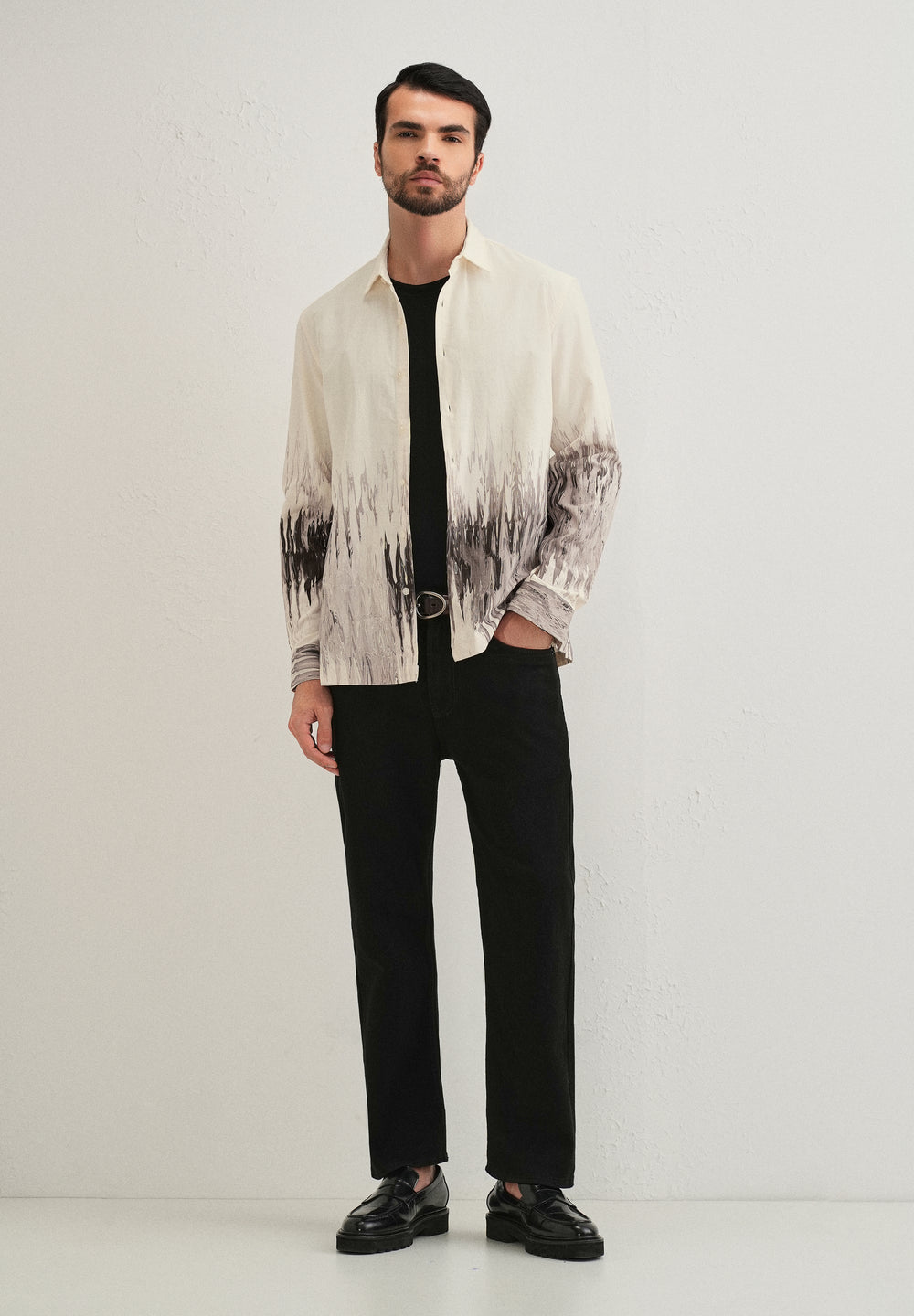 Beige Grey Ripple Printed Shirt