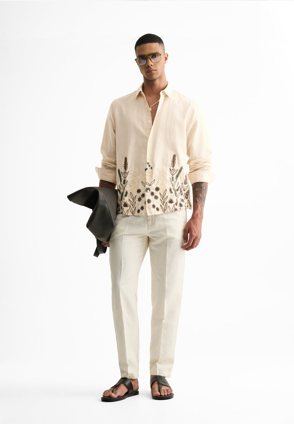 Beige Hem Embroidery Cotton Linen Shirt
