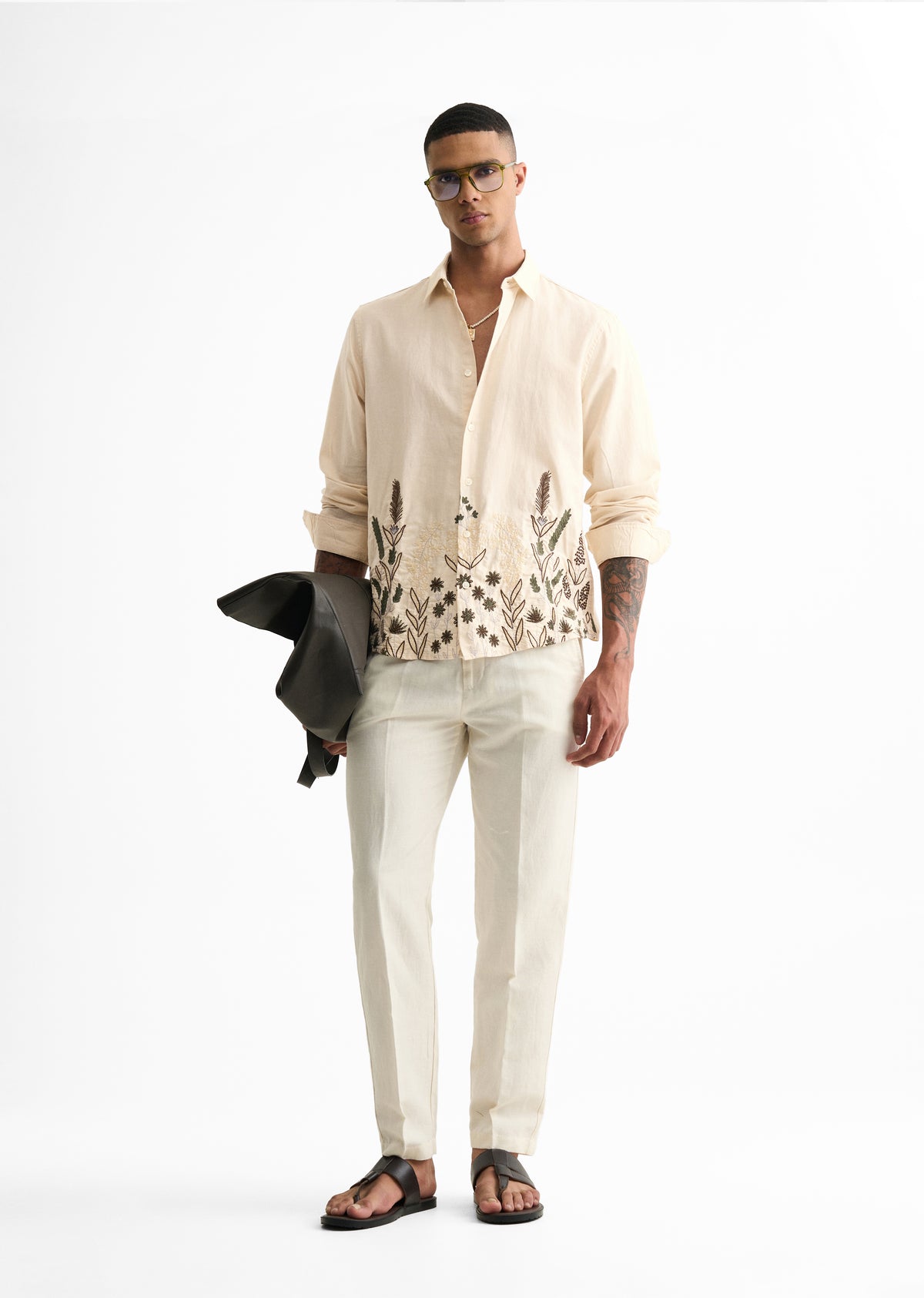 Beige Hem Embroidery Cotton Linen Shirt