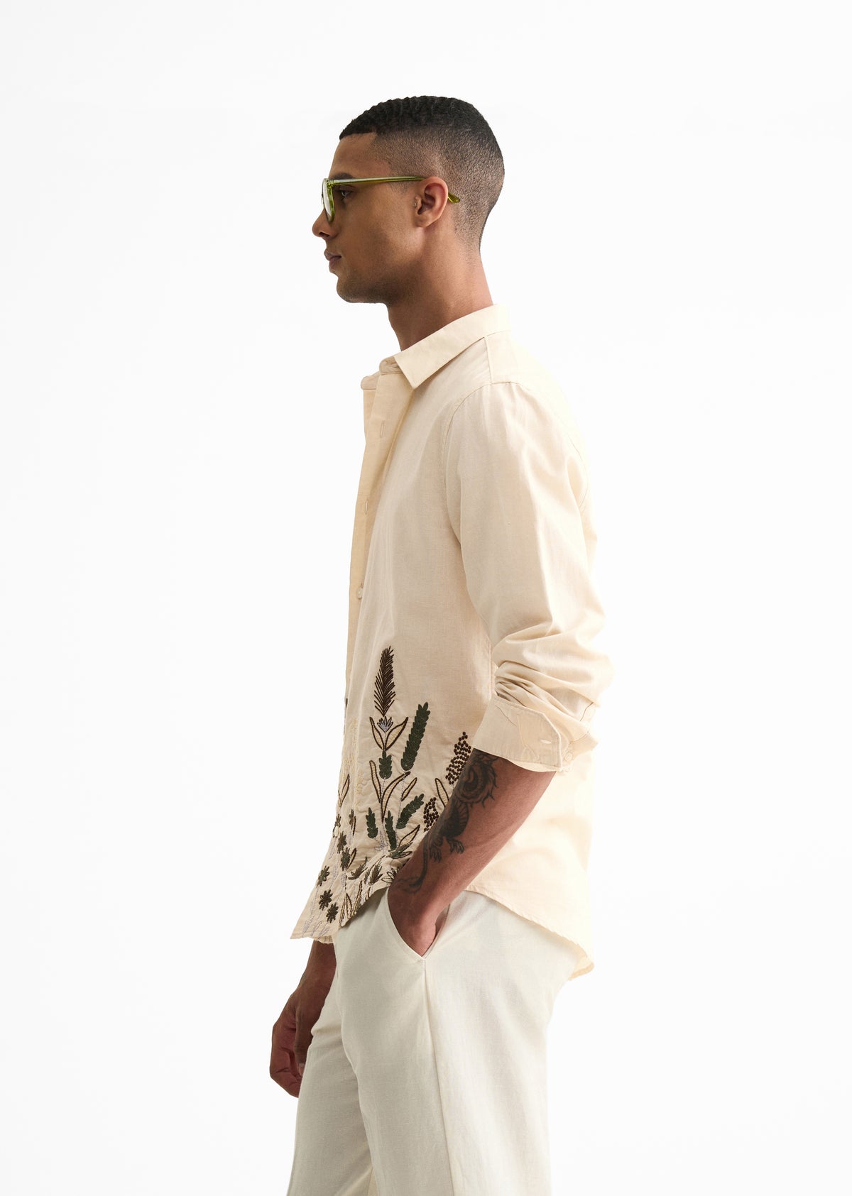 Beige Hem Embroidery Cotton Linen Shirt