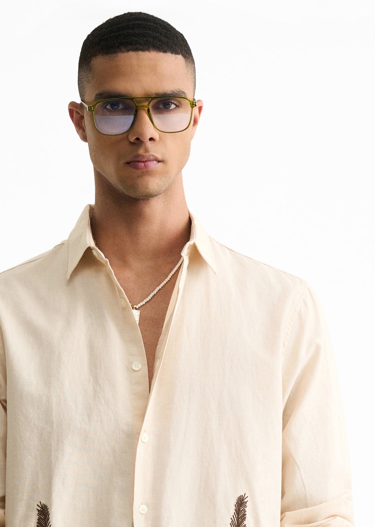 Beige Hem Embroidery Cotton Linen Shirt