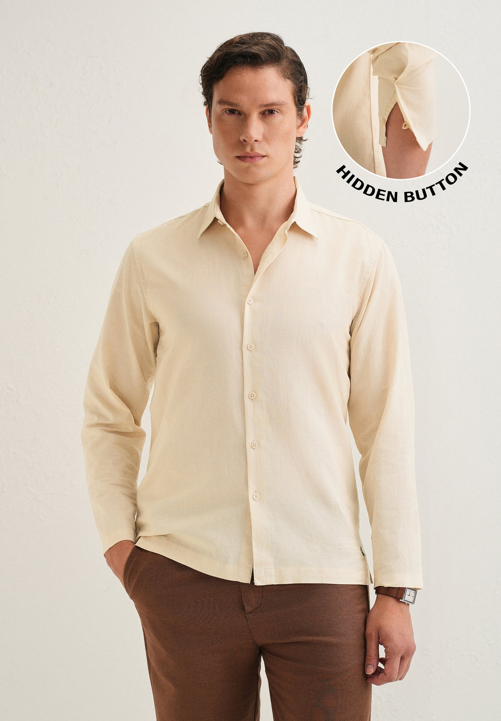 Beige Hidden Sleeve Placket Cotton Linen Shirt