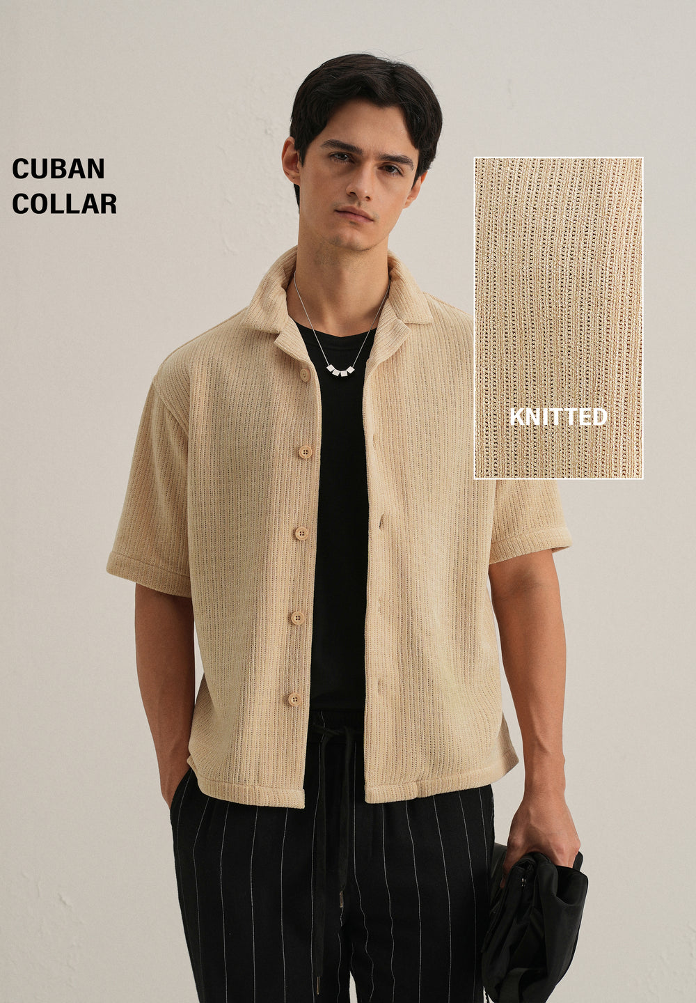 Beige Suede Knit Cuban Collar Shirt