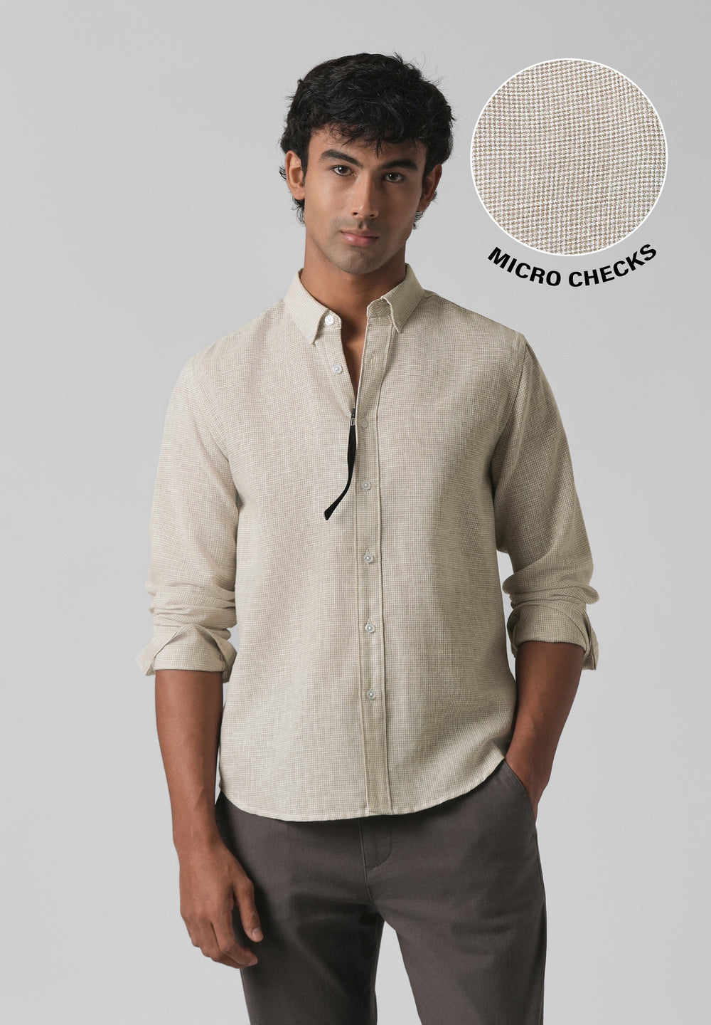 Beige Micro Checks Blended Cotton Shirt