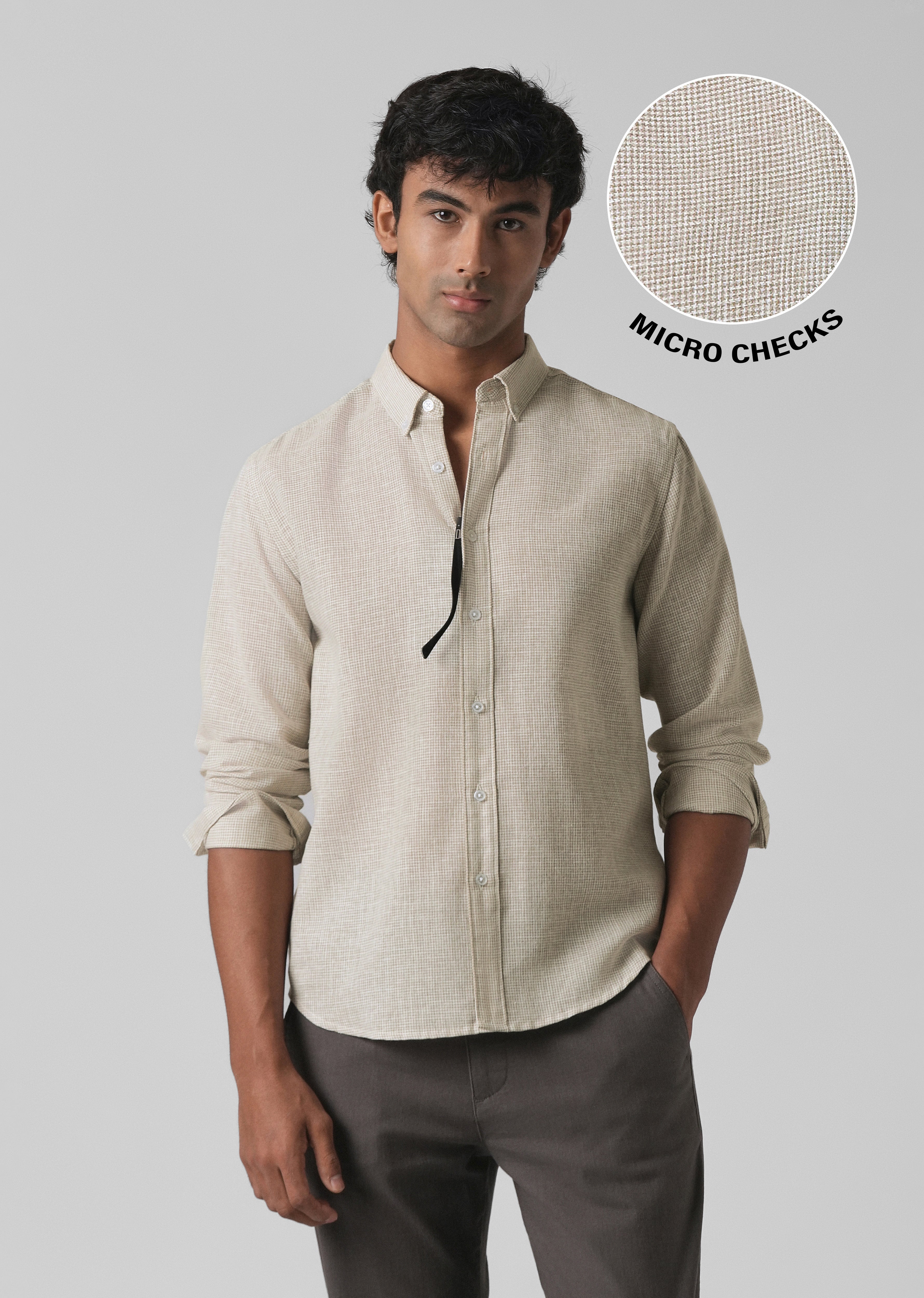 Beige Micro Checks Blended Cotton Shirt