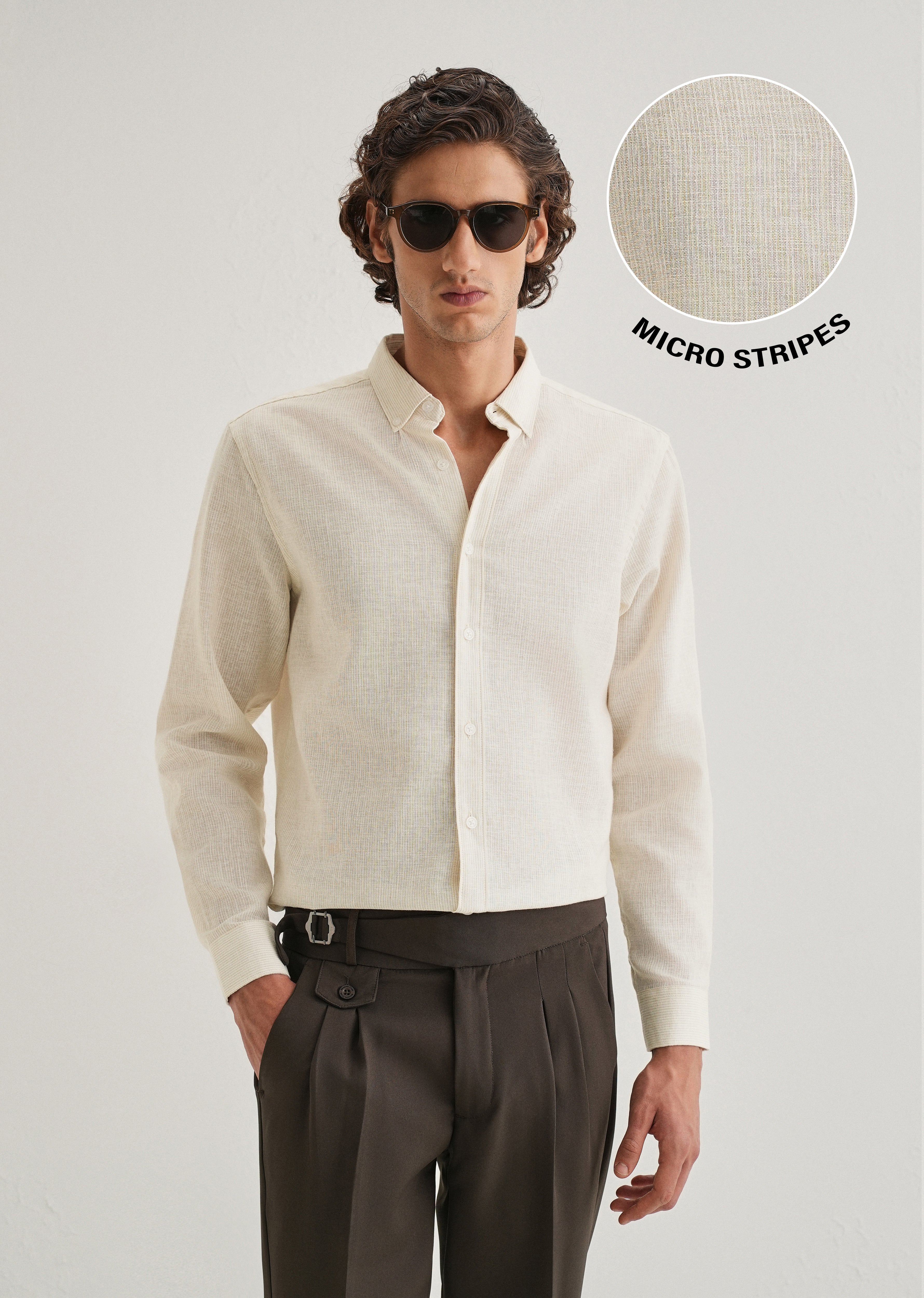 Beige Micro Striped Blended Linen Shirt