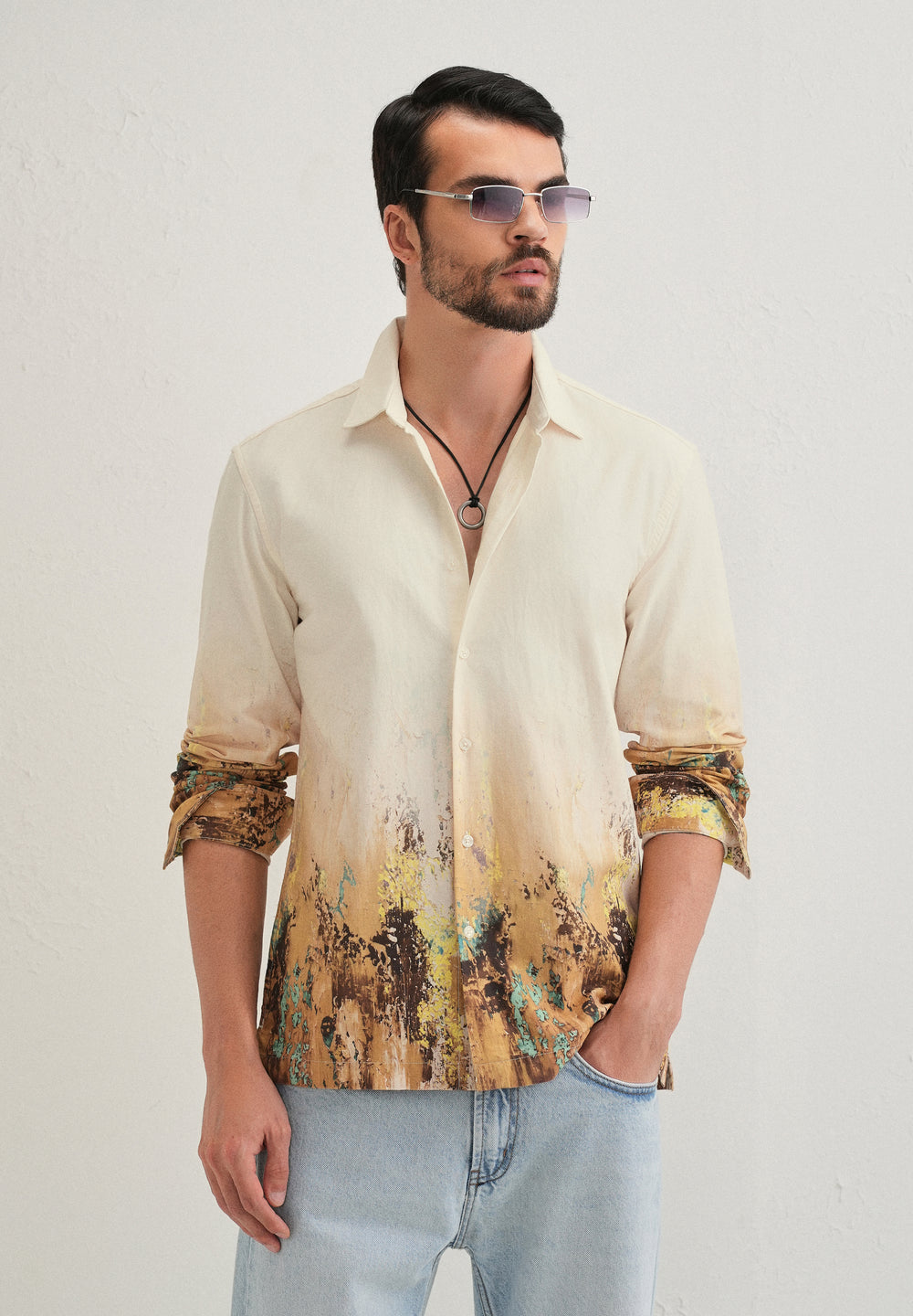 Beige Mustard Paint Printed Shirt