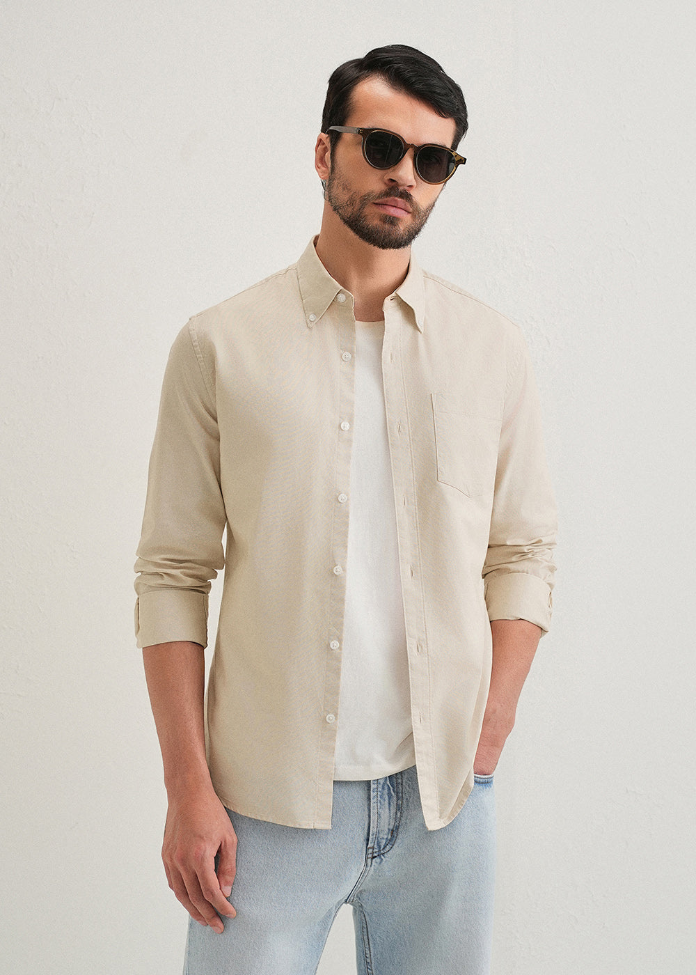 Beige Plain Cotton Oxford Shirt