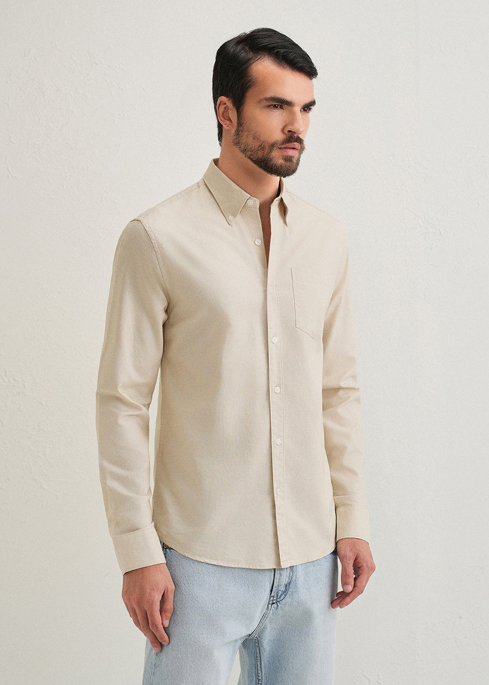 Beige Plain Cotton Oxford Shirt