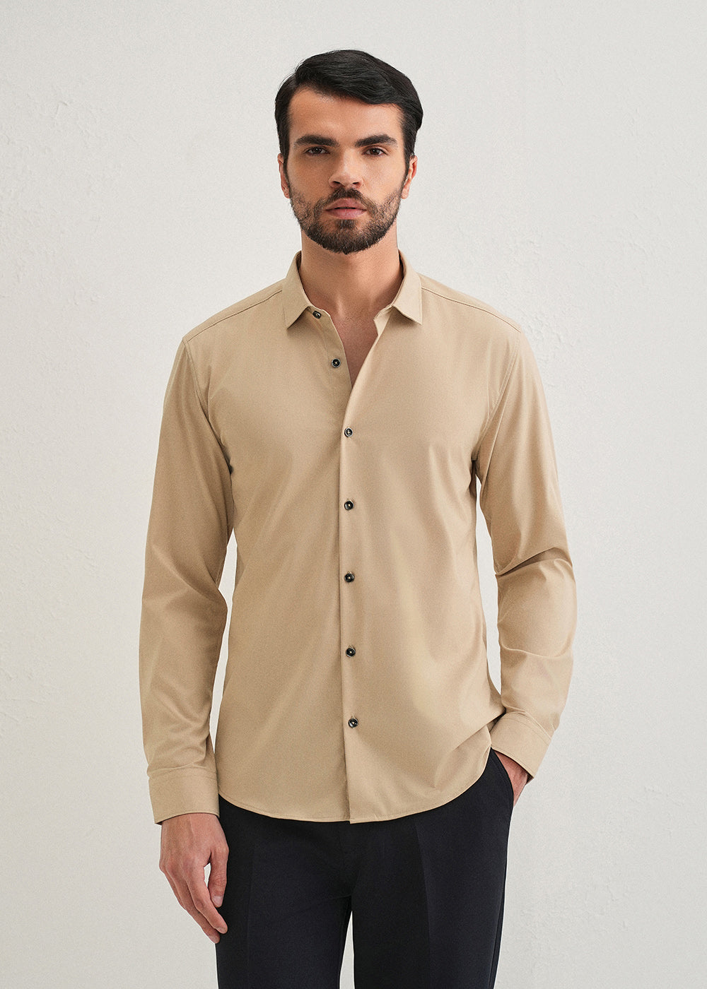 Beige Plain Wrinkle Free Shirt