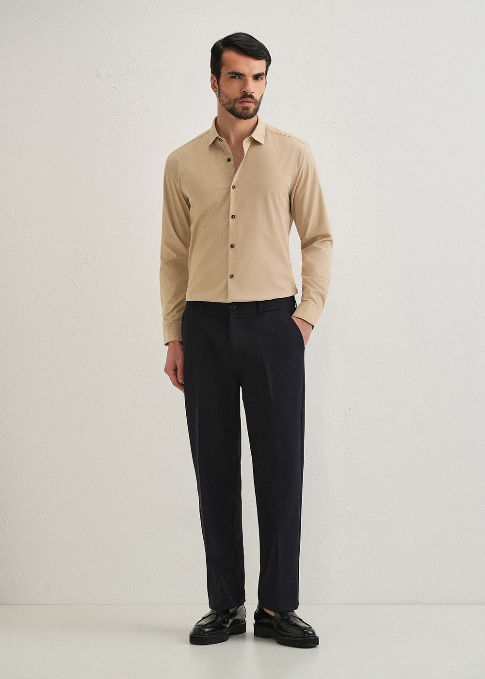 Beige Plain Wrinkle Free Shirt