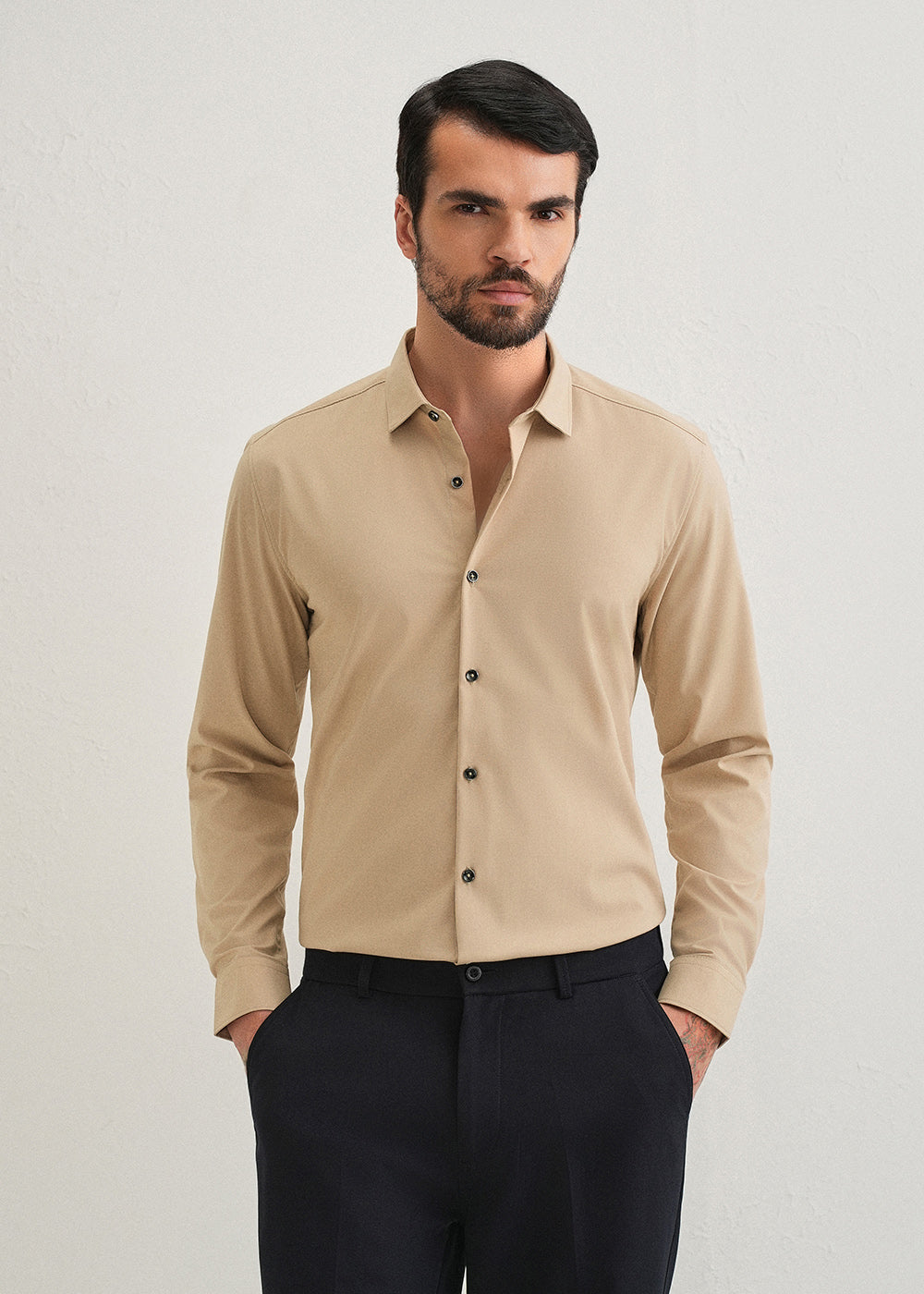 Beige Plain Wrinkle Free Shirt