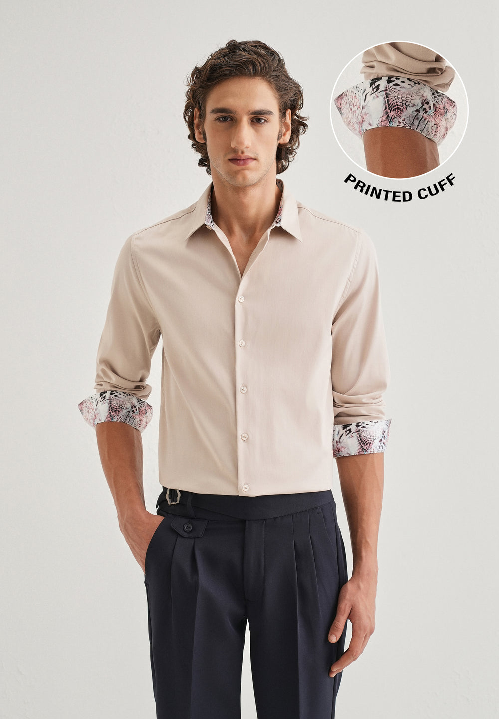 Beige Printed Cuff Shirt