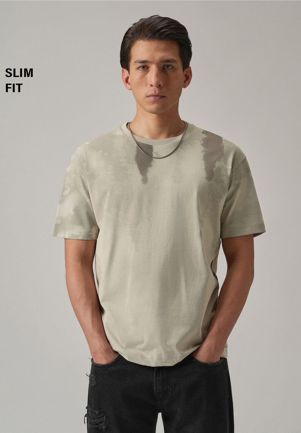 Beige Printed Slim Fit T-Shirt