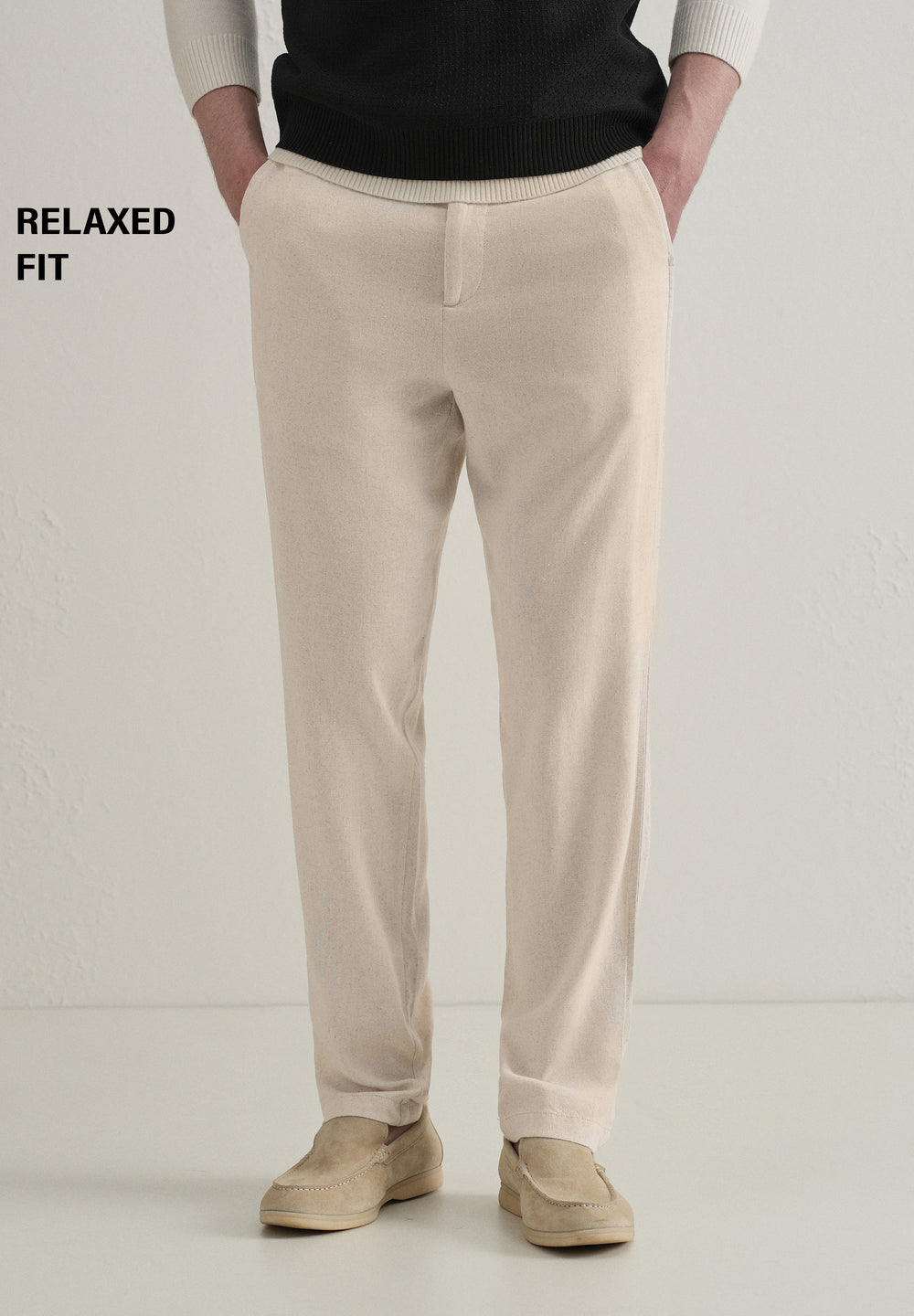 Beige Relaxed Fit Blended Linen Trouser