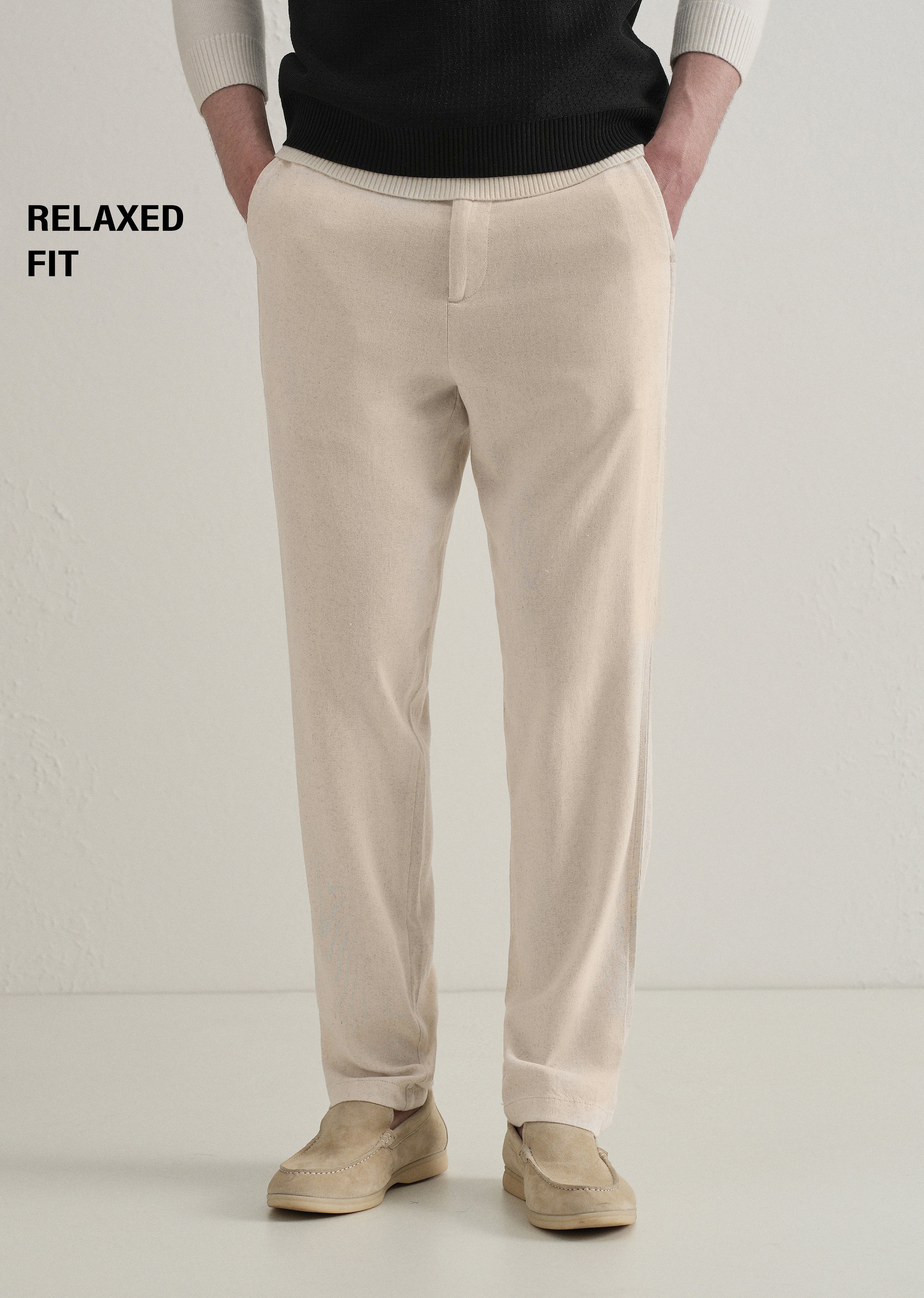 Beige Relaxed Fit Blended Linen Trouser