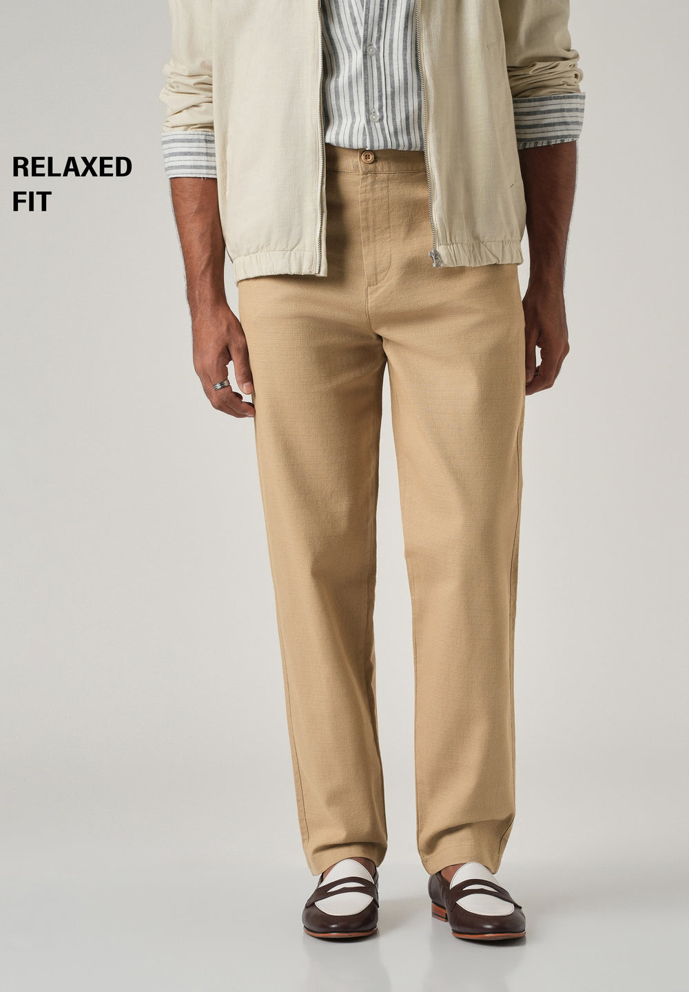 Beige Linen-Look Cotton Trousers