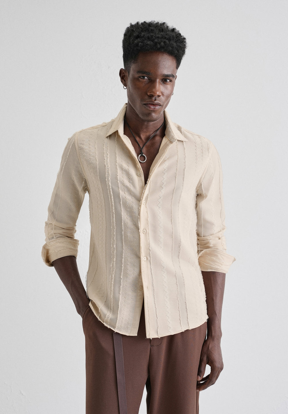 Beige Vertical Chevron Striped Shirt