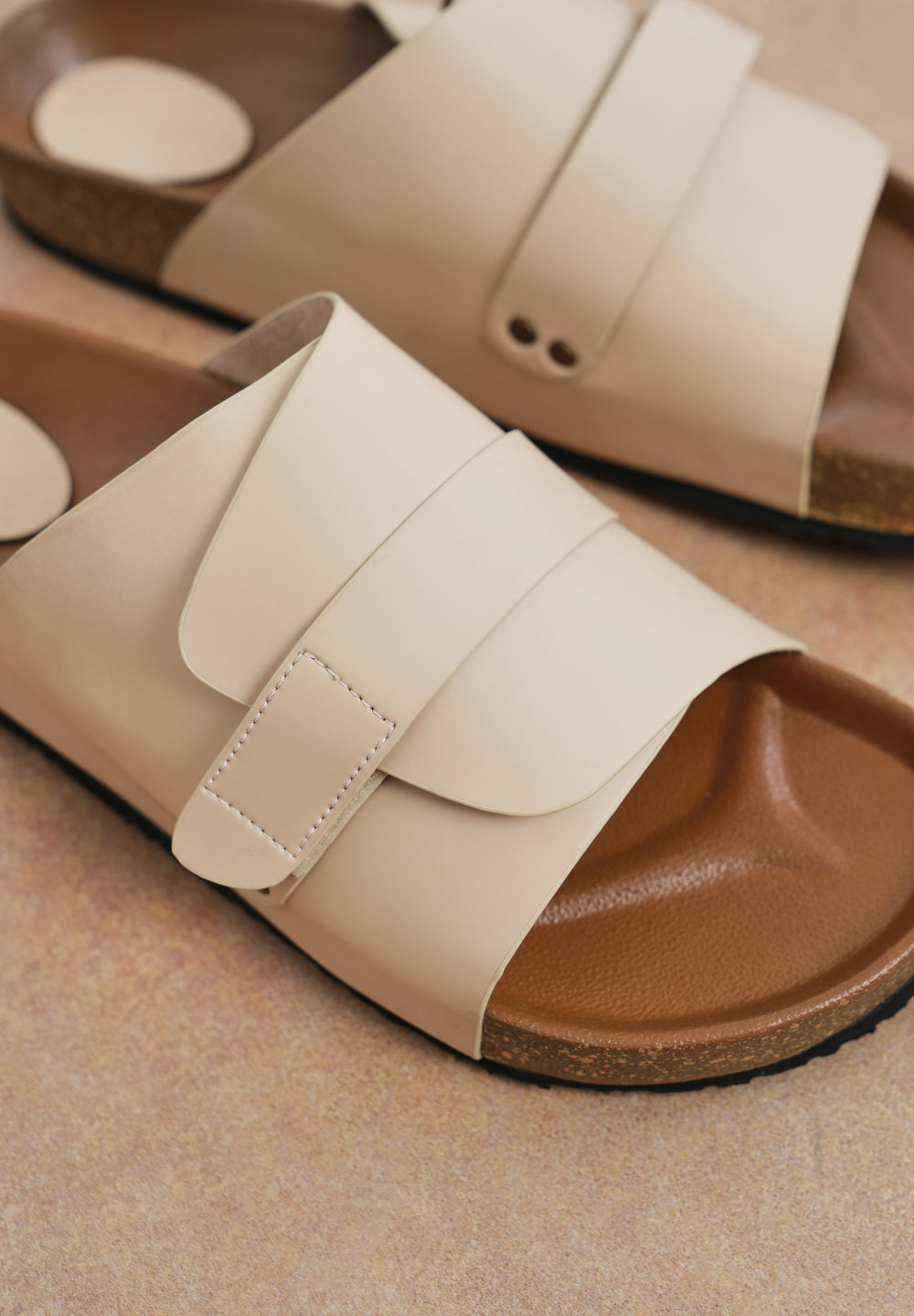 Beige Wide Strap Slip-On Sandals