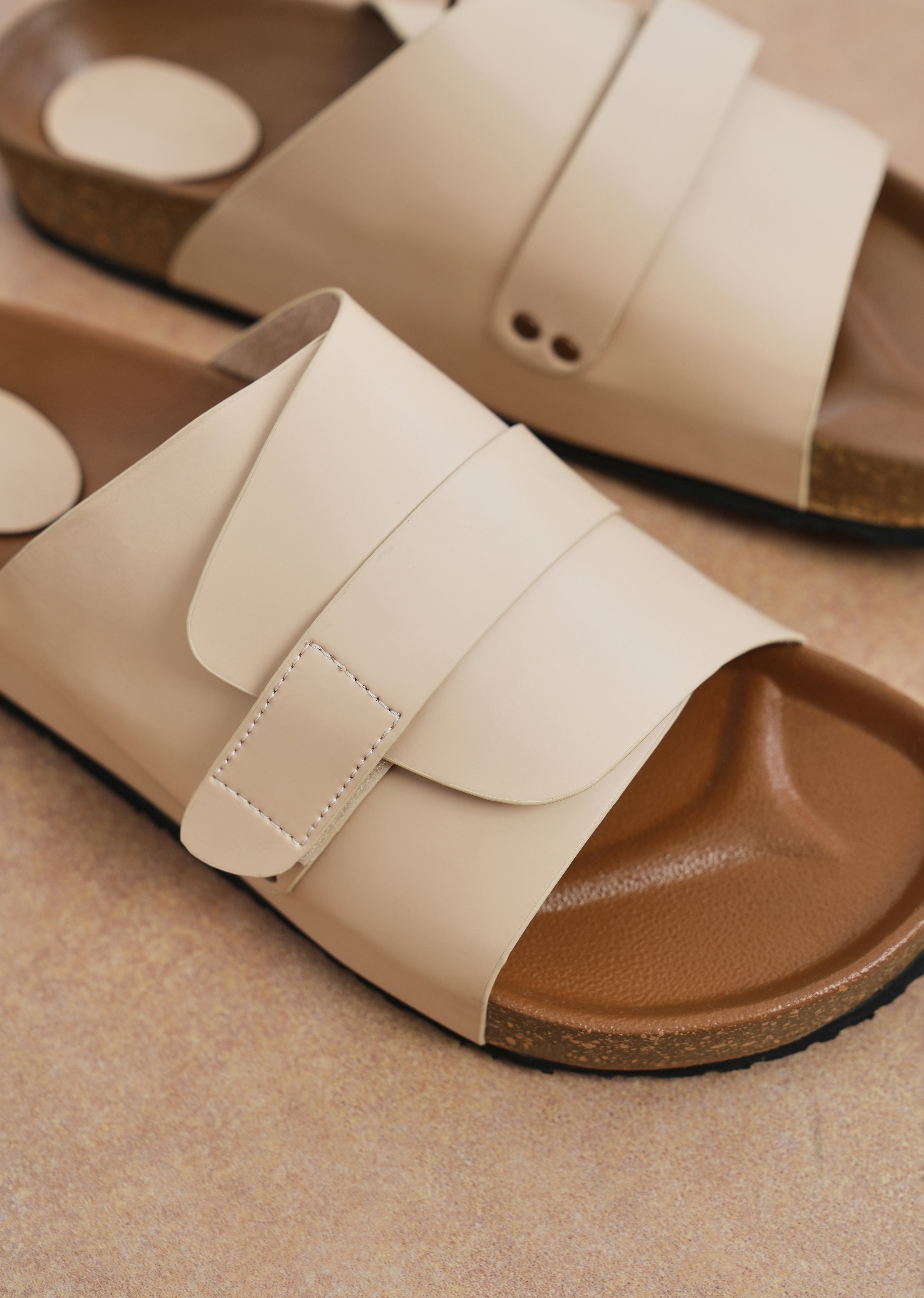 Beige Wide Strap Slip-On Sandals