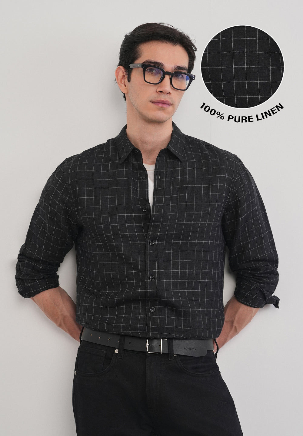 Black 100% Pure Linen Classic Check Shirt