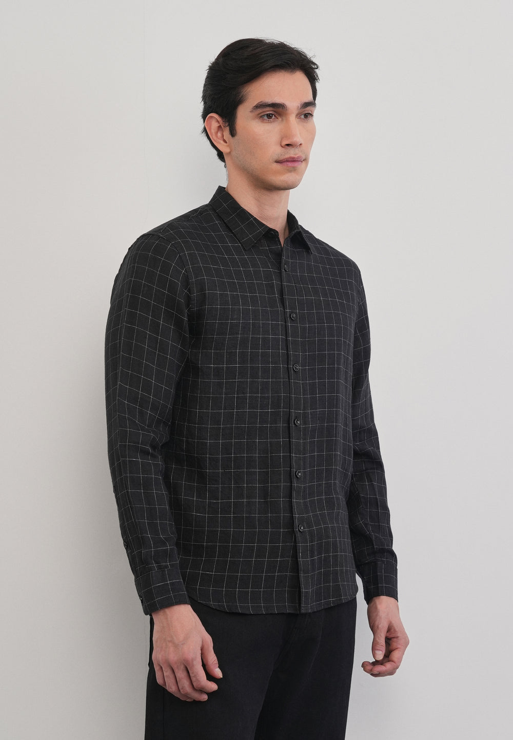 Black 100% Pure Linen Classic Check Shirt