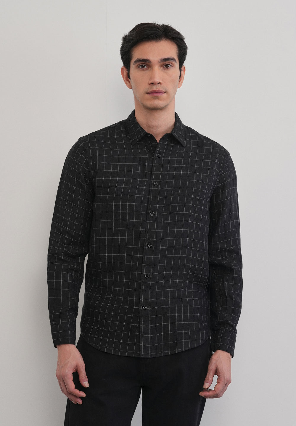 Black 100% Pure Linen Classic Check Shirt