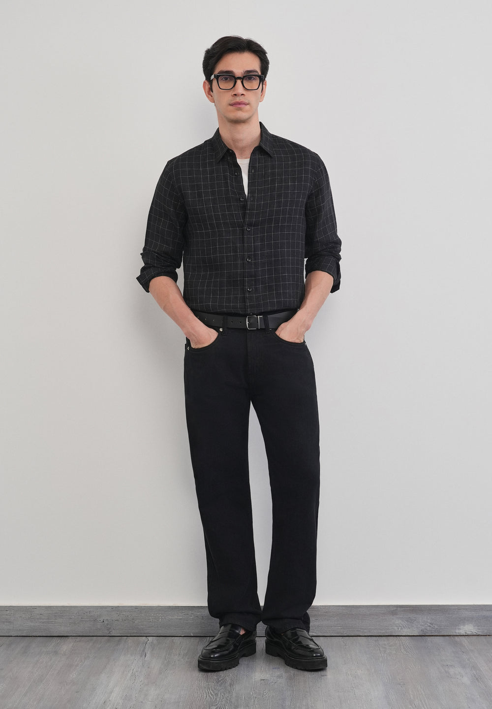 Black 100% Pure Linen Classic Check Shirt