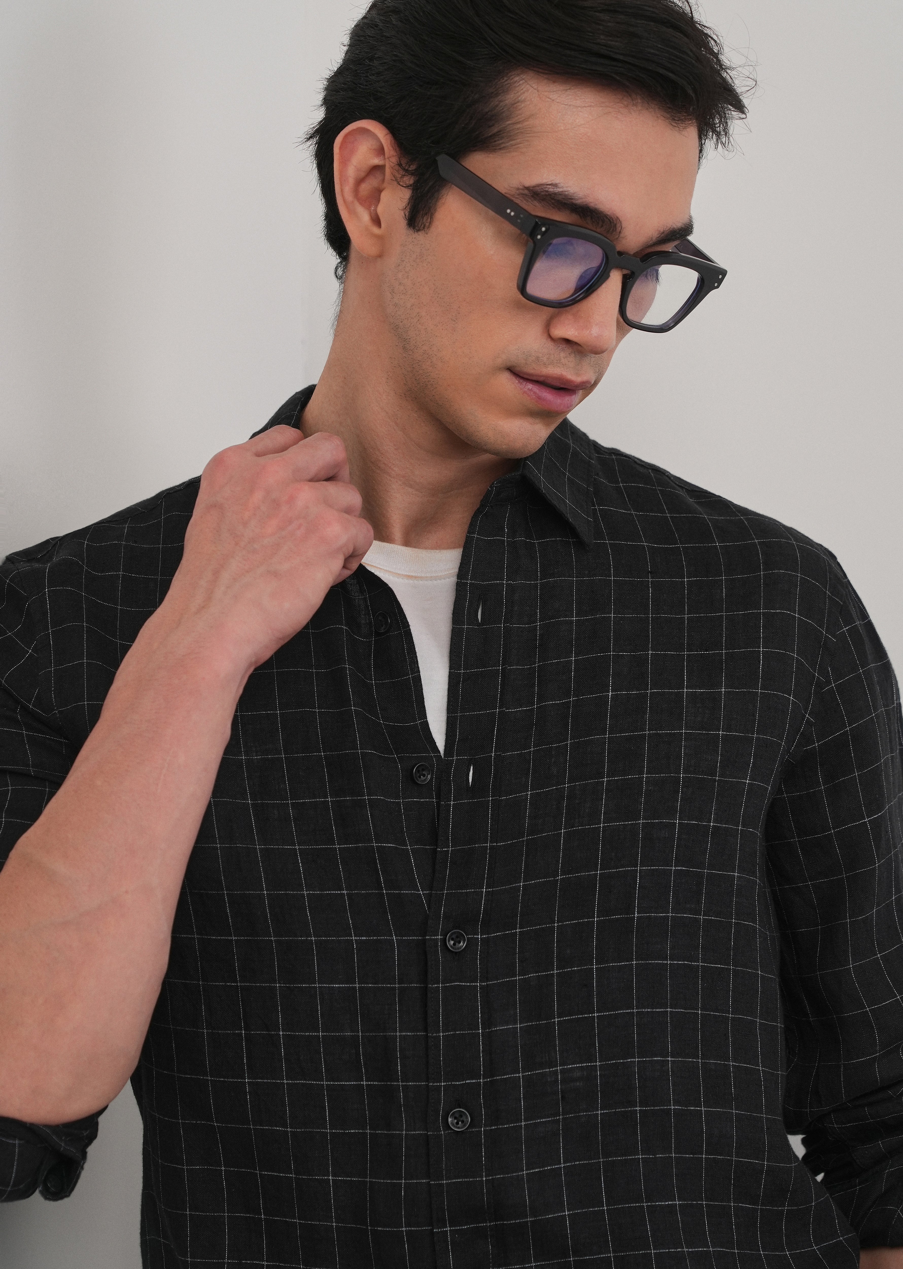 Black 100% Pure Linen Classic Check Shirt