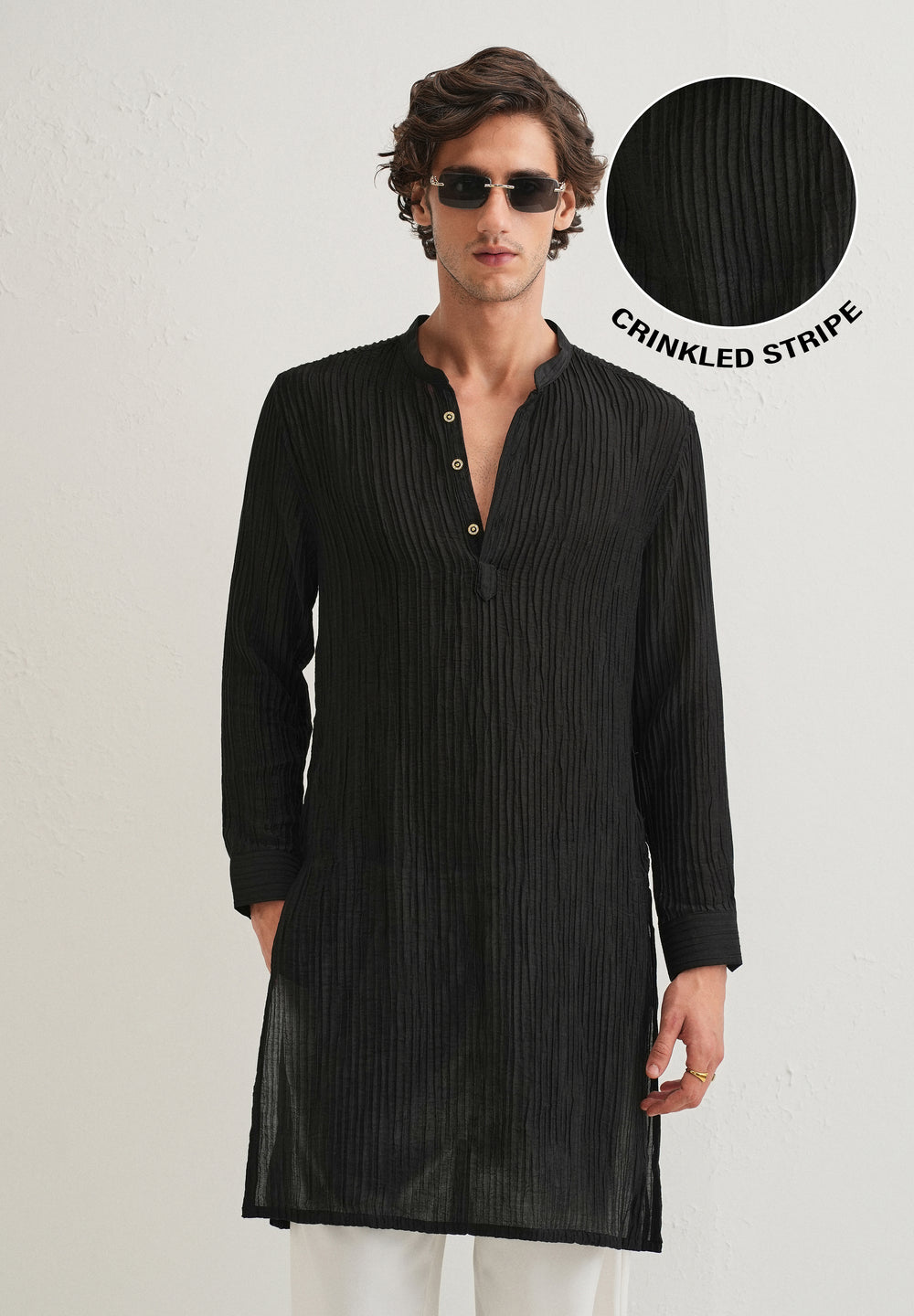 Black Crinkled Stripe Kurta