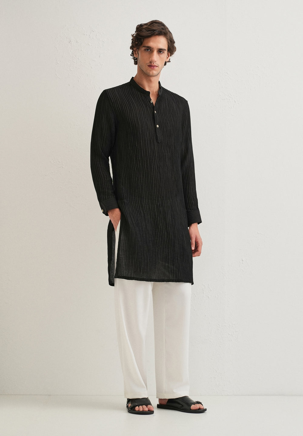 Black Crinkled Stripe Kurta