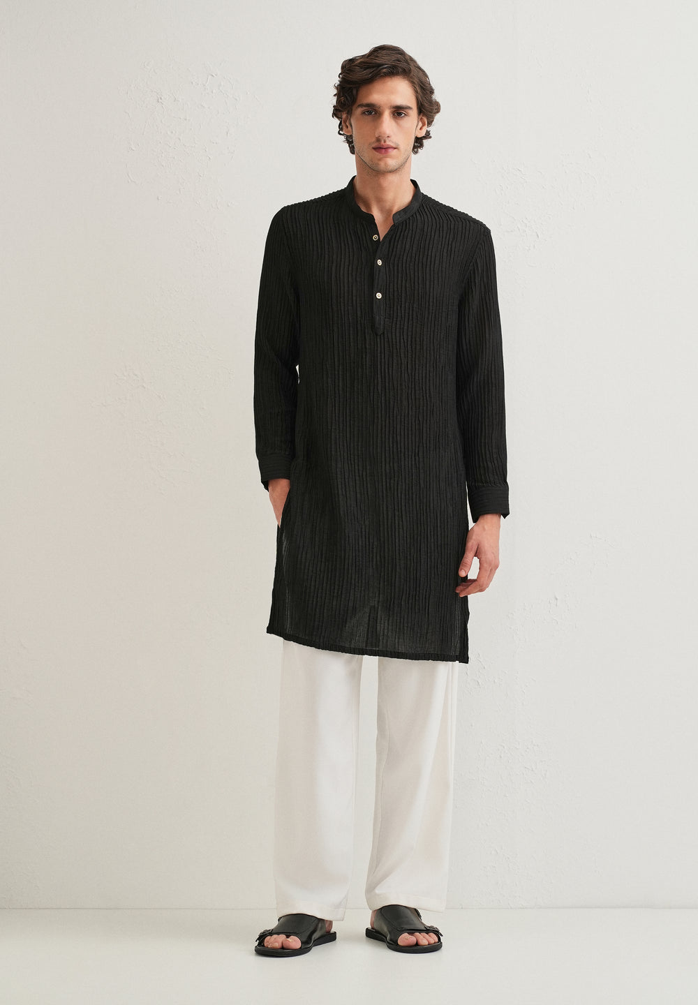 Black Crinkled Stripe Kurta