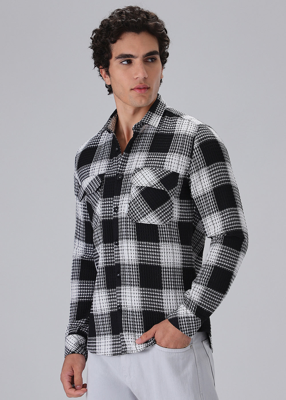 Black And White Waffle Plaid Check Shirt