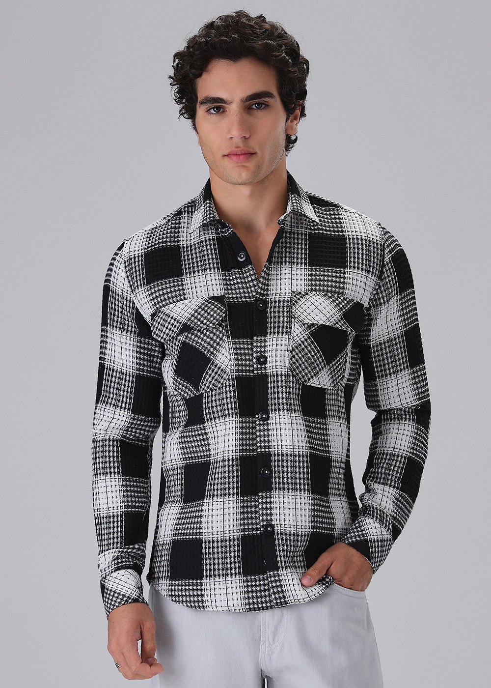 Black And White Waffle Plaid Check Shirt