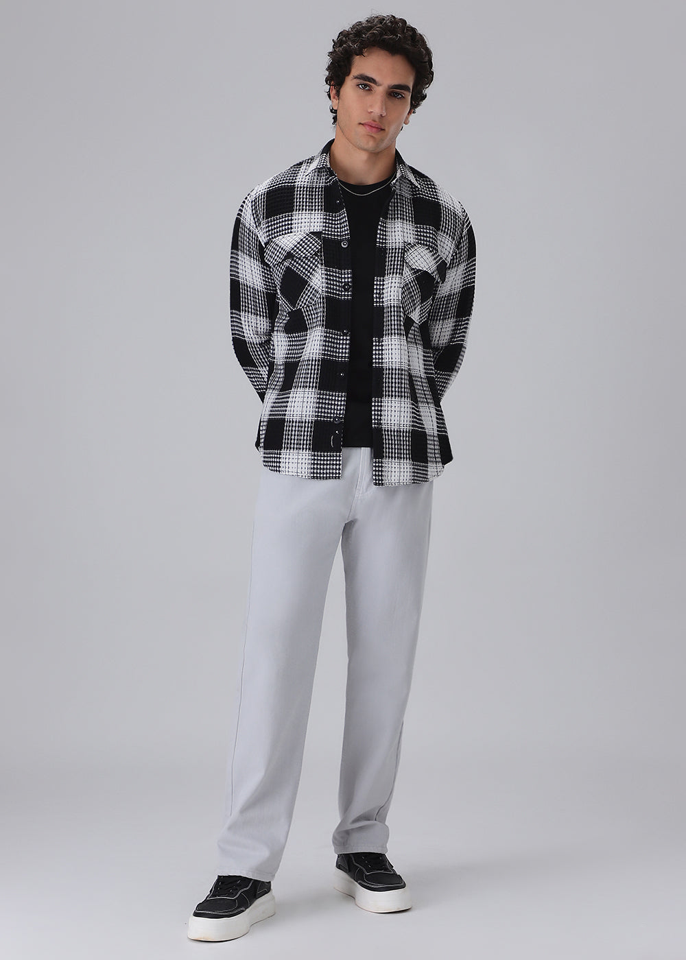 Black And White Waffle Plaid Check Shirt