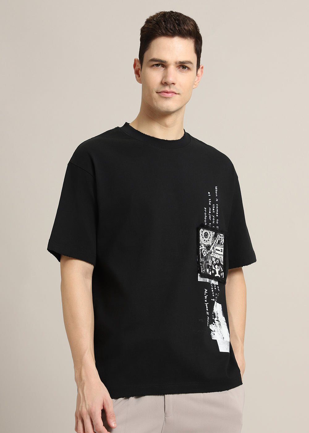 Black Applique Printed Oversized T-shirt