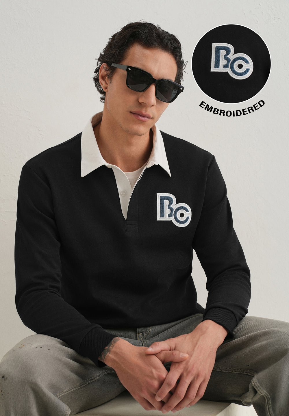 Black Back Print Polo Sweatshirt