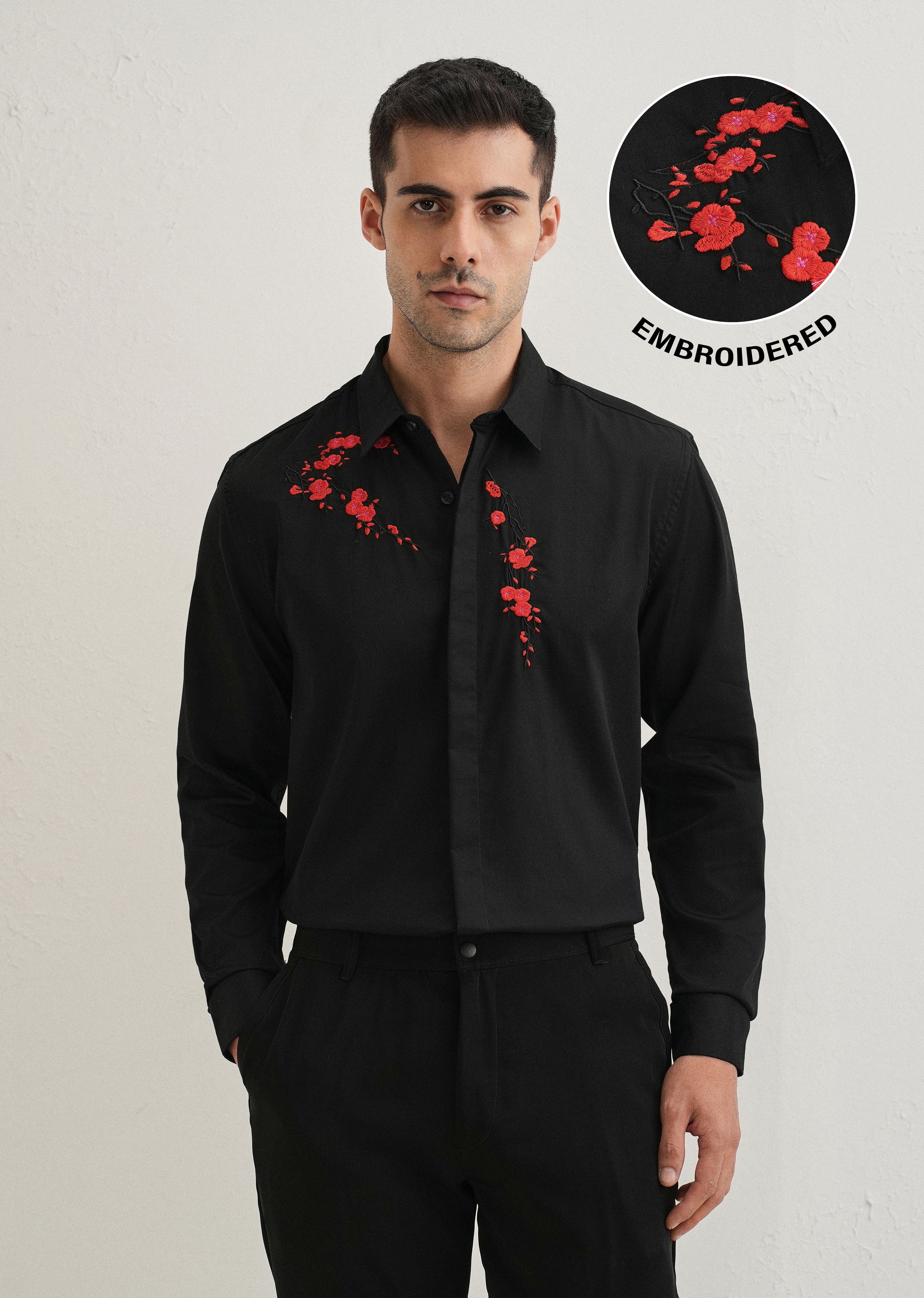Black Blossom Embroidered Designer Shirt