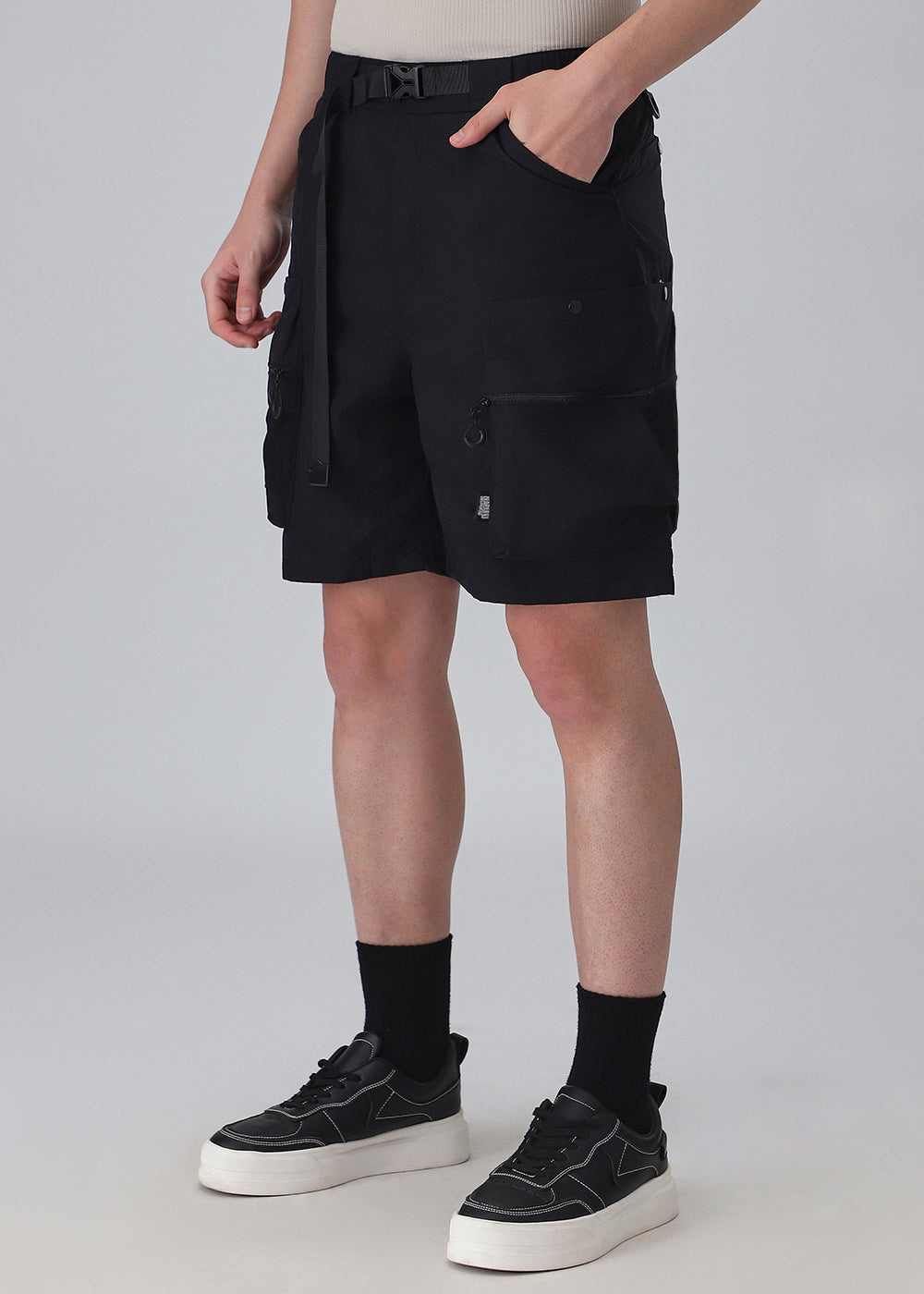 Black Buckle Belt Cargo Shorts