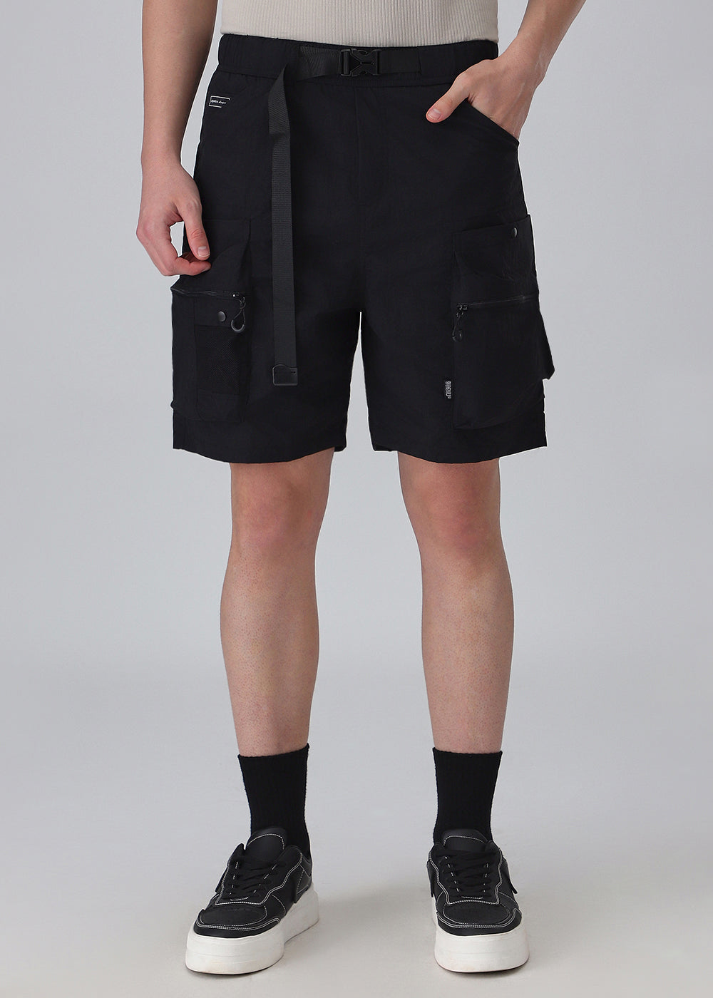 Black Buckle Belt Cargo Shorts