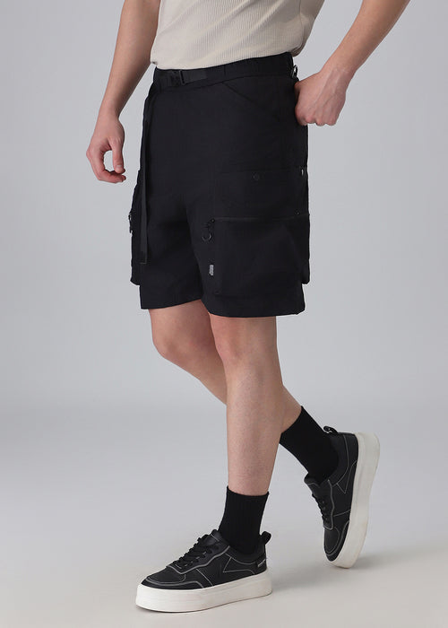 Black Buckle Belt Cargo Shorts