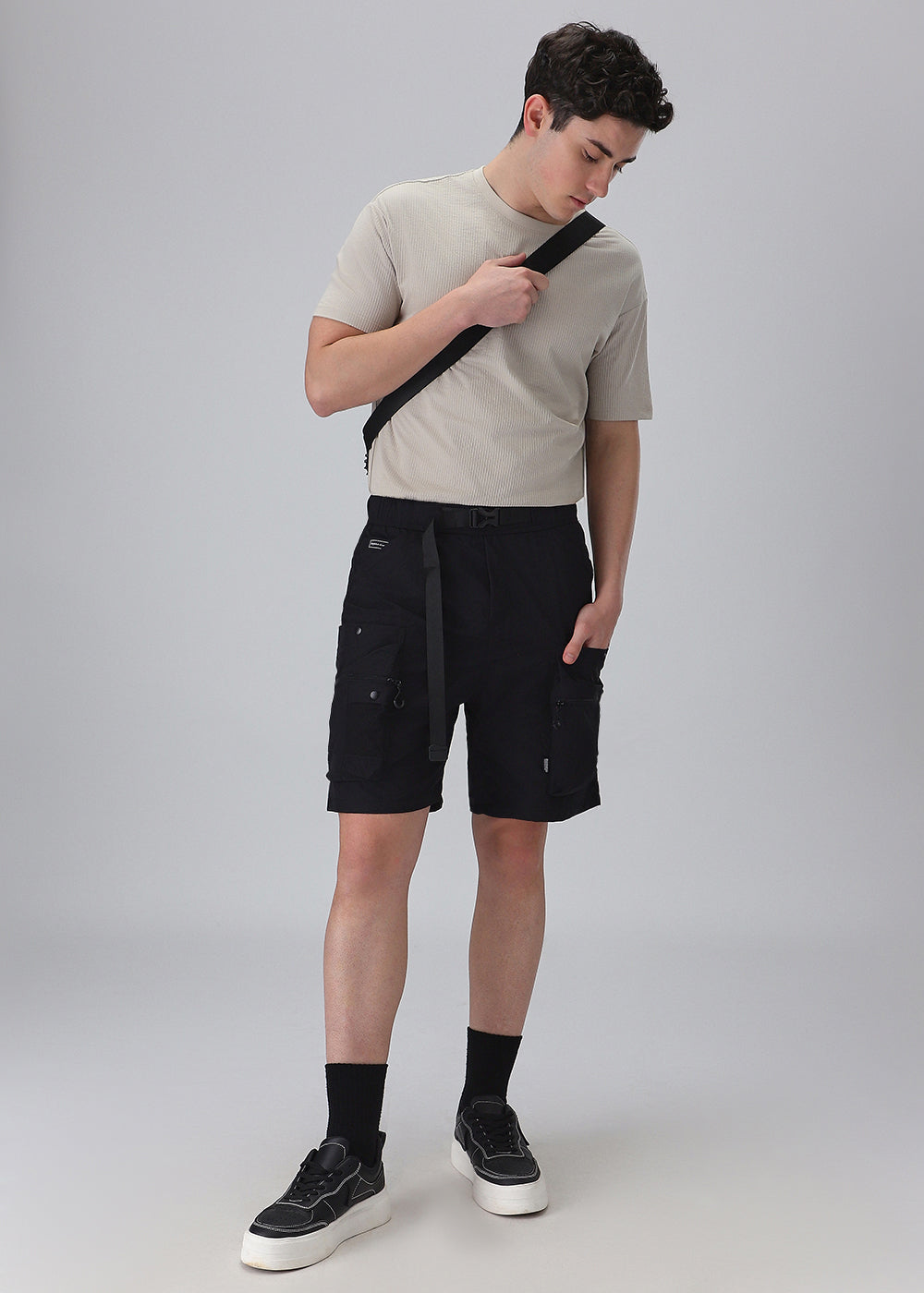 Black Buckle Belt Cargo Shorts