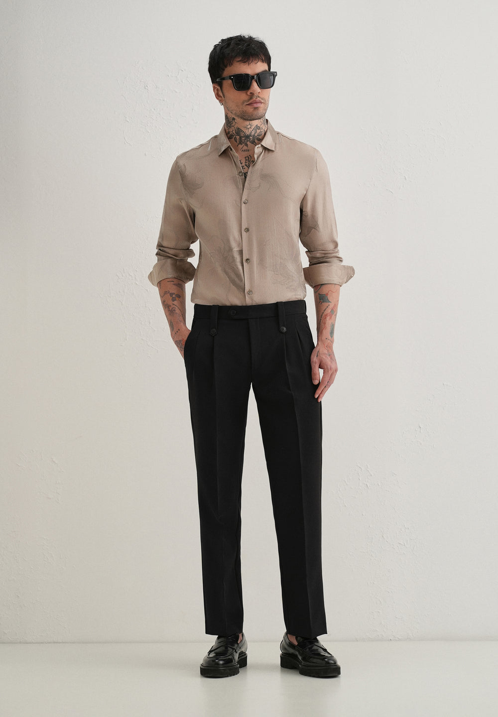 Black Button-Tab Pleat Trouser