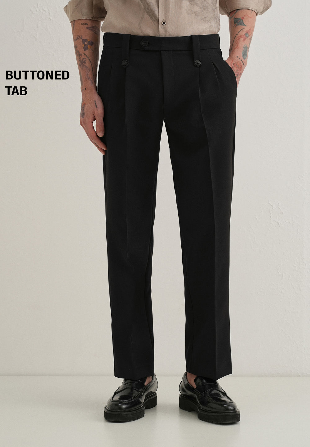 Black Button-Tab Pleat Trouser