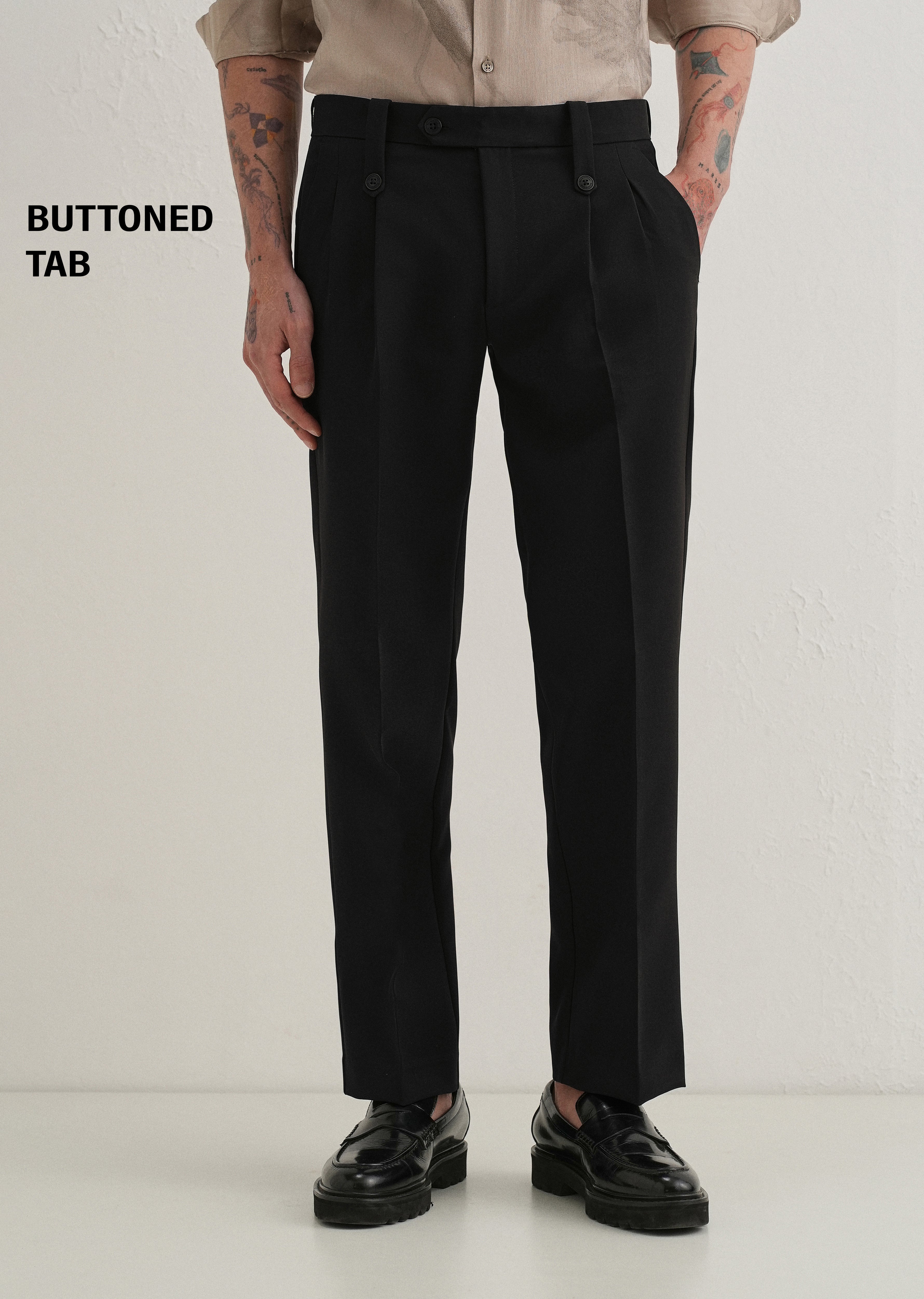 Black Button-Tab Pleat Trouser