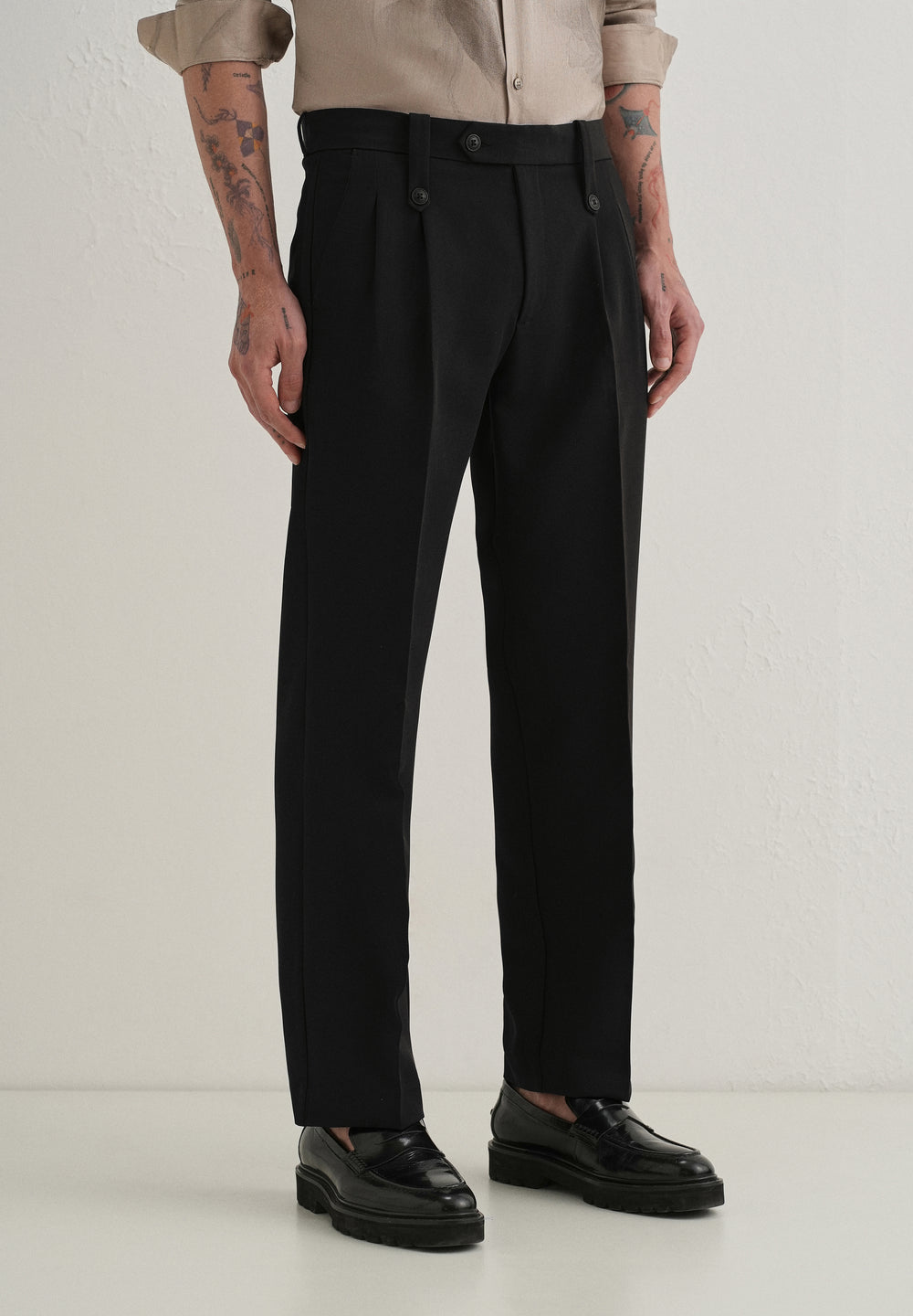 Black Button-Tab Pleat Trouser