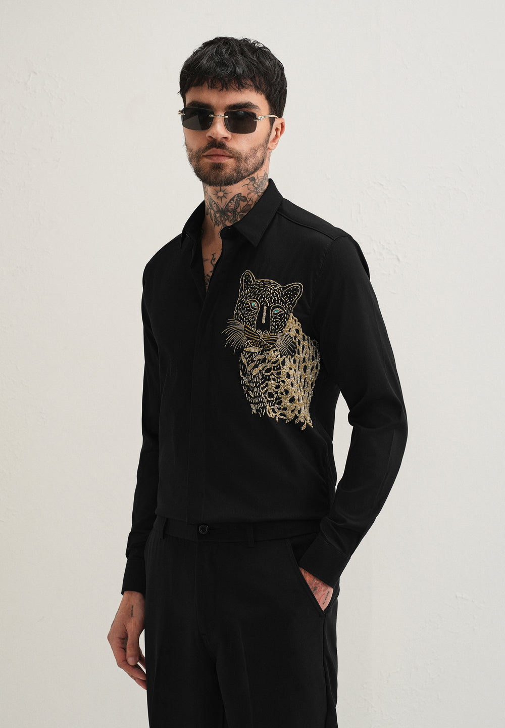 Black Cheetah Embellished Handwork Designer Shirt
